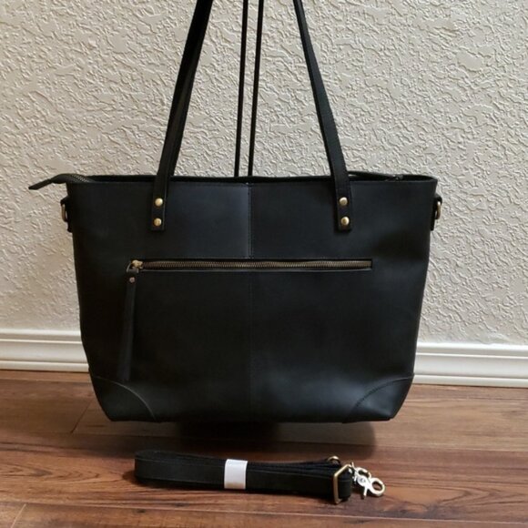 S-ZONE Genuine Leather Tote Bag/Work Shoulder Crossbody ~ Black - Picture 1 of 10